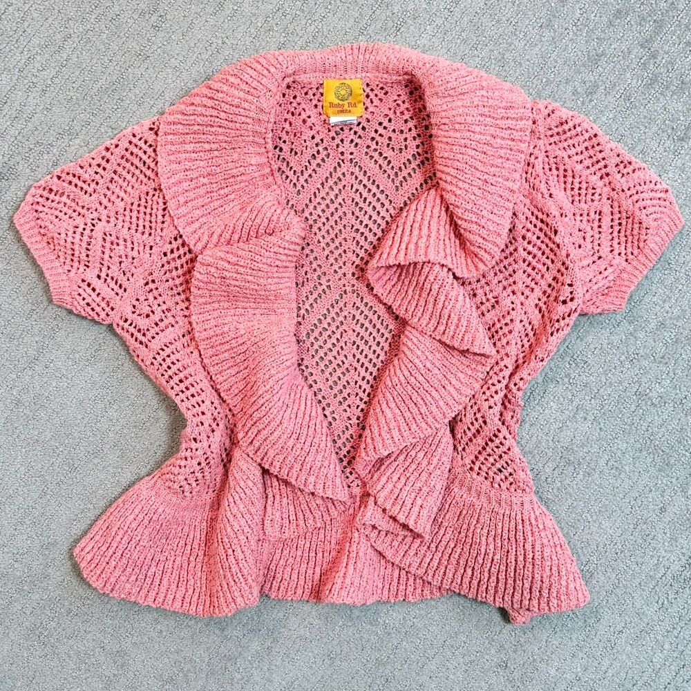 Ruby Rd Petite PM Pink Open Knit Ruffle Cardigan Crochet Boho Cottagecore - Picture 1 of 5